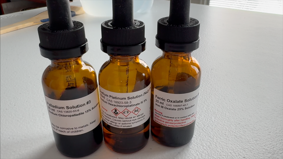The three chemicals required to make the platinum-palladium sensitizing solution